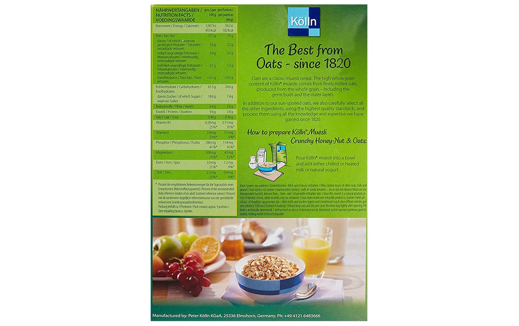 Kolln Muesli Crunchy Honey-Nut & Oats, Knusper Honig-Nuss   Box  375 grams